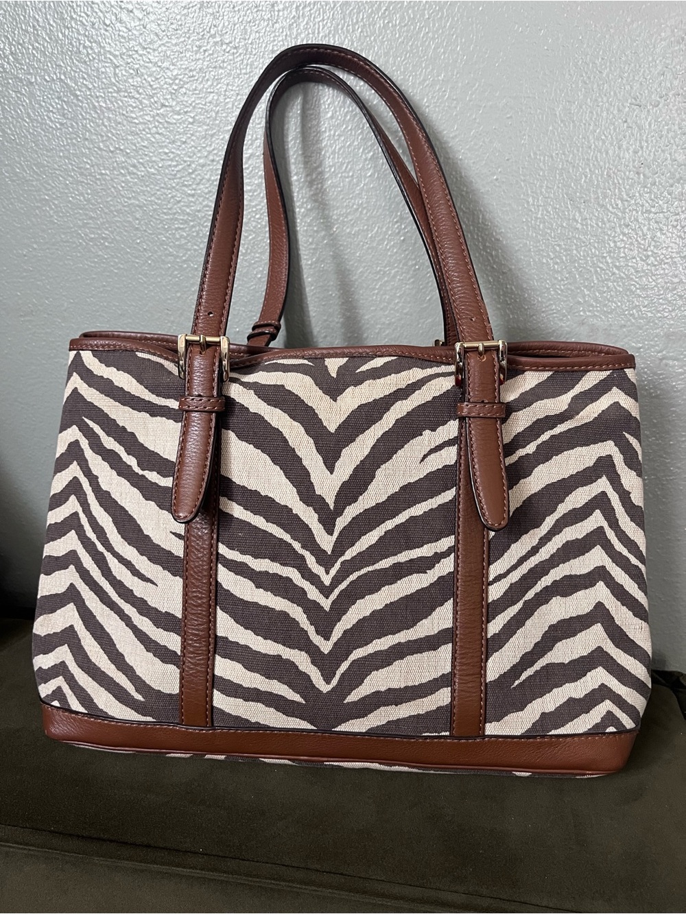 Michael Kors Black and White Zebra Canvas Tote with Brown Leather Trim - Picture 8 of 14